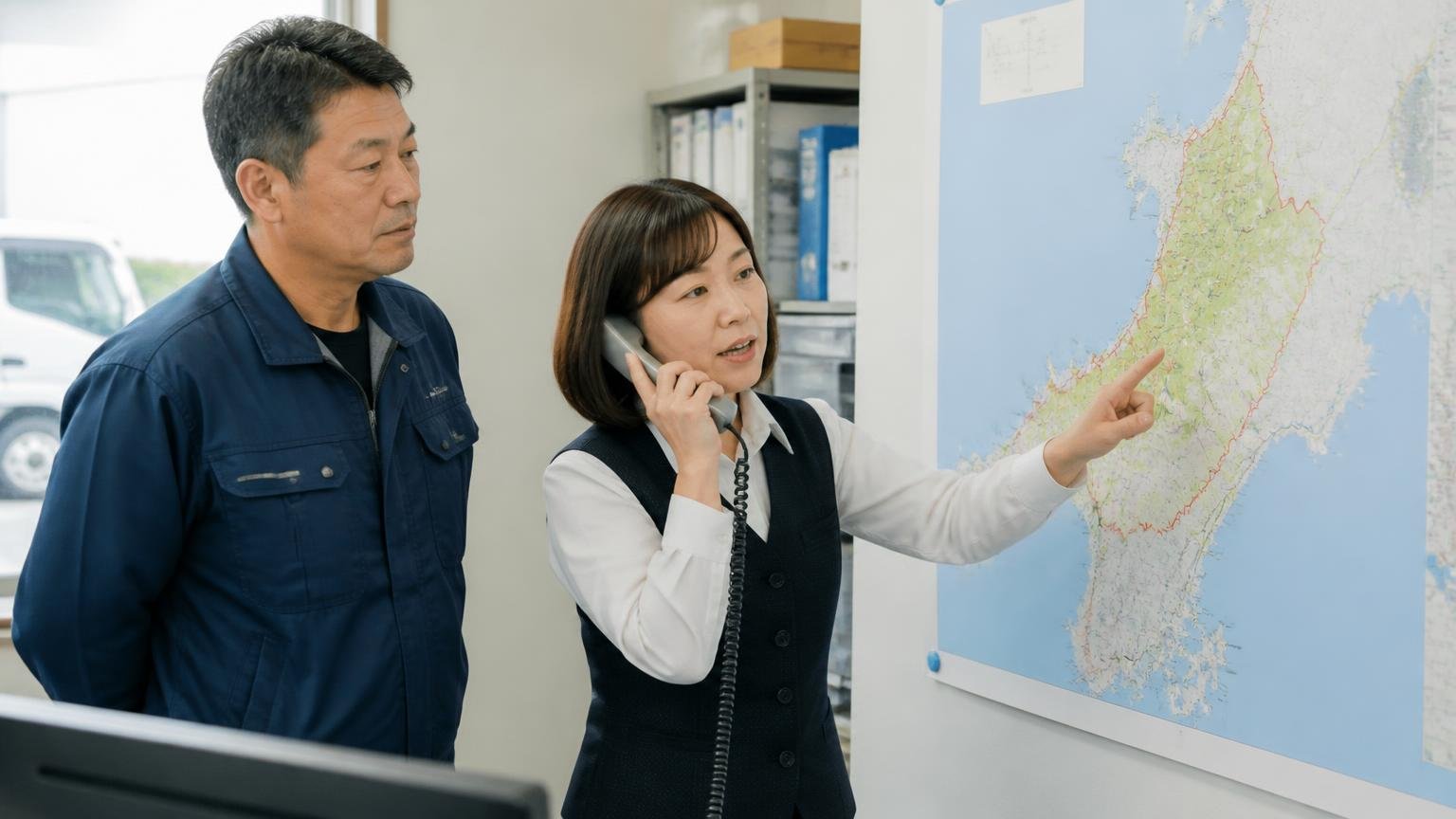 南北200km超、出張査定に来てくれる範囲を先に確かめる 事務所の壁の新潟県地図を指さし電話で問い合わせる女性事務員と、横で見守るドライバー