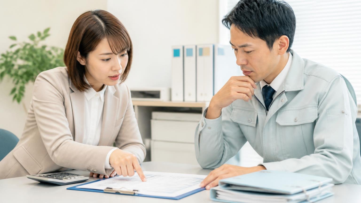 減額の条件と入金のタイミングを書面で確認 事務所で見積書を指さしながら査定員に質問する事務担当の女性と男性の2人