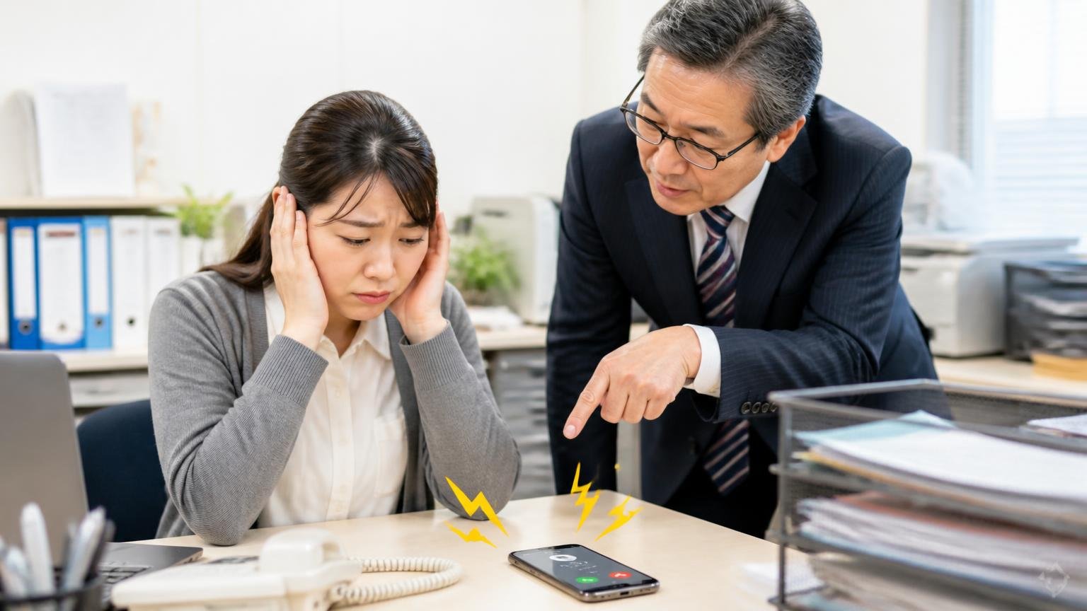 申込先を絞って、営業電話を増やさない｜事務所で鳴り続けるスマホを前に困り顔の女性事務員と、画面を指さして助言する年配の男性