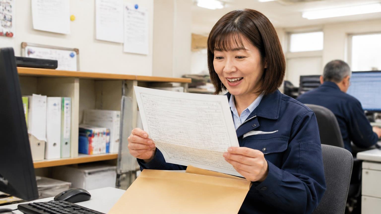 名義変更の完了時期と「完了の証拠」をもらう 運送会社の事務所で郵便で届いた車検証の写しを開封する女性事務員がほっとした笑顔