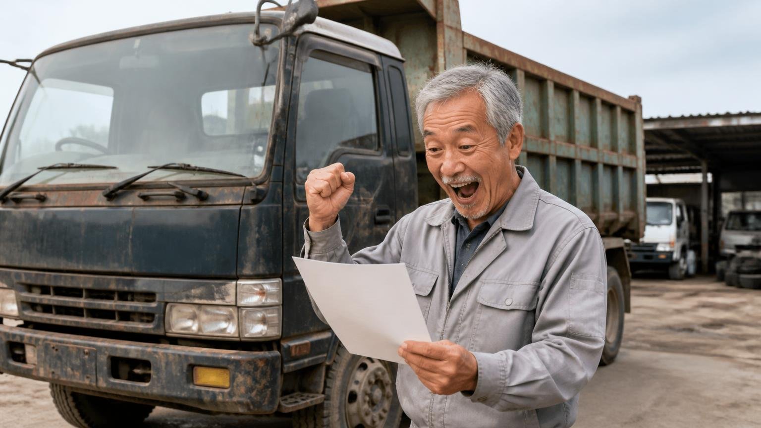 古い・走行距離が多い・動かないトラックも、まず聞いてみる 早朝の車庫で年季の入ったダンプの前で査定額を聞いて喜ぶ年配の男性