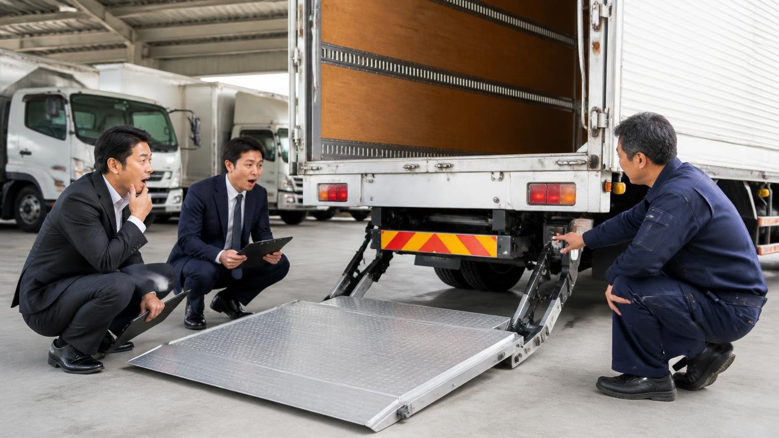 架装・装備・付属品は動く状態で見せる、営業所の車庫でパワーゲートを動かして見せる40代男性と感心する査定員2人