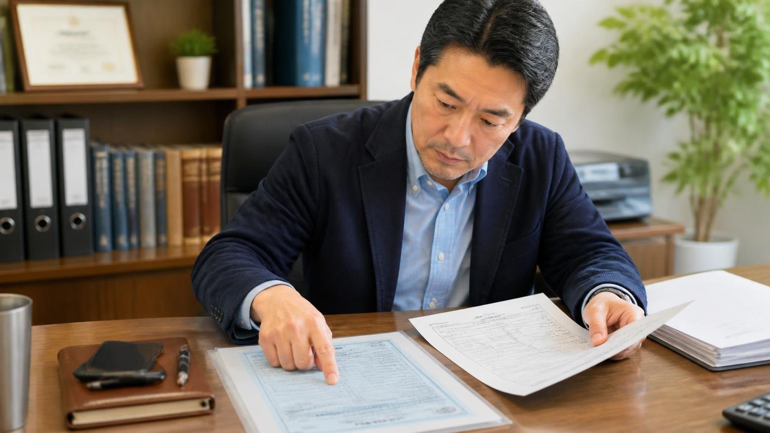 書類手続きの代行範囲と、完了の連絡方法を確かめる|事務所の机で車検証と書類を並べて確認する40代男性の社長