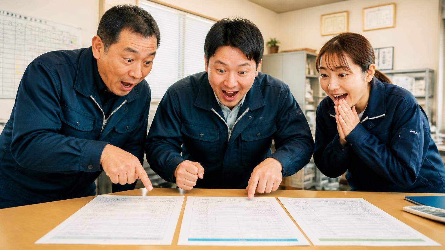 いちばん損をしないのは「地場1社＋全国対応1～2社」で並べること。事務所のテーブルに3社の見積書を並べ見比べて目を輝かせる家族経営の運送会社の3人