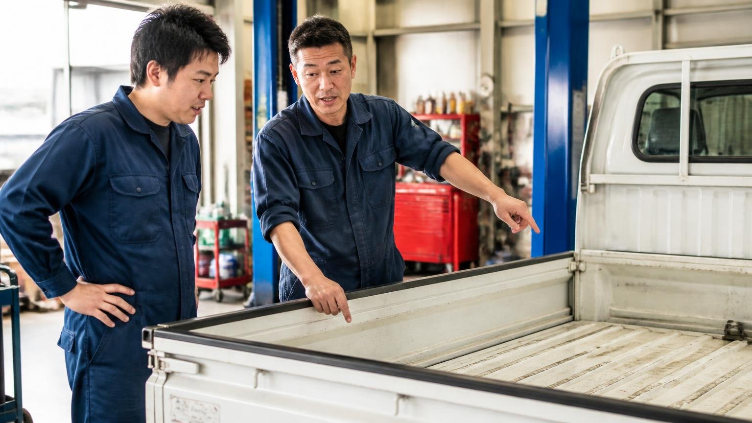 直接買って直接売る業者が値段を出しやすい理由 整備工場 作業着の男性2人 荷台を指さし説明する