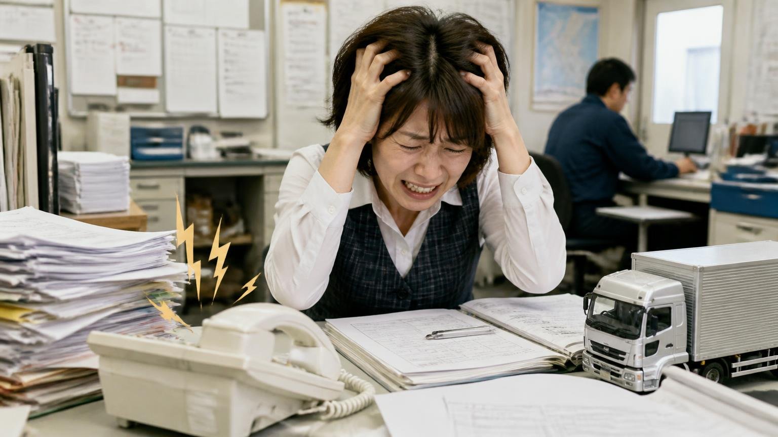 しつこい営業が不安なら、連絡手段を最初に指定する 営業所の机で鳴り続ける電話に頭を抱える女性事務員とトラックの書類
