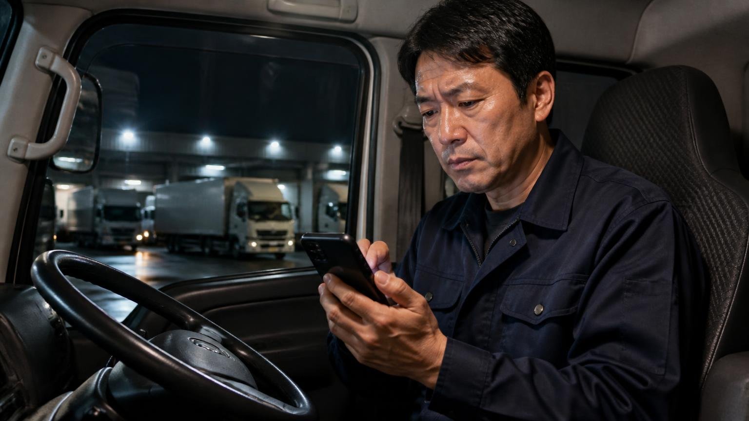 平日に動けない人ほど「営業日」と「依頼の方法」を先に確かめる 夜の車庫でトラックの運転席からスマホで査定を申し込むドライバー