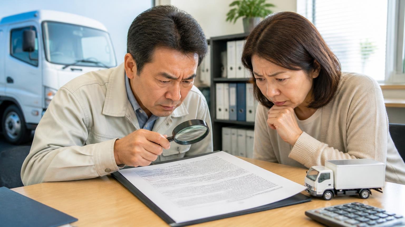 減額の条件とキャンセルの決まりを書面で確かめない、事務所のテーブルでトラックの売買契約書の細かい文字を虫眼鏡で読み込む夫婦2人