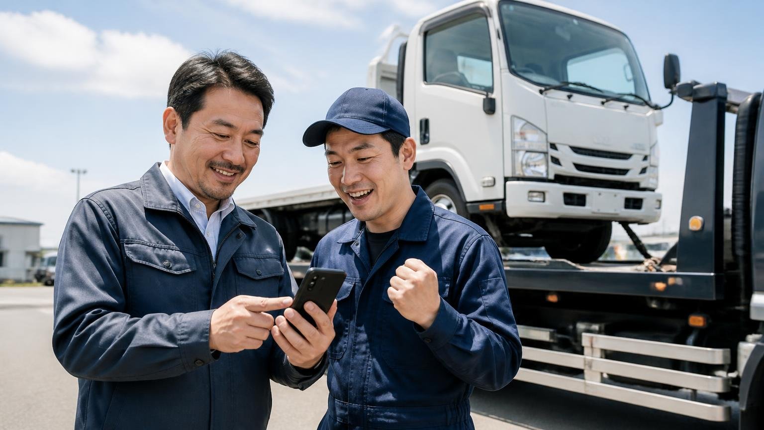 入金と引き渡しの順番を決めておく 積車に載せられるトラックの前でスマホの入金画面を確認し安心した表情の運送会社の社長と引き取りスタッフの2人