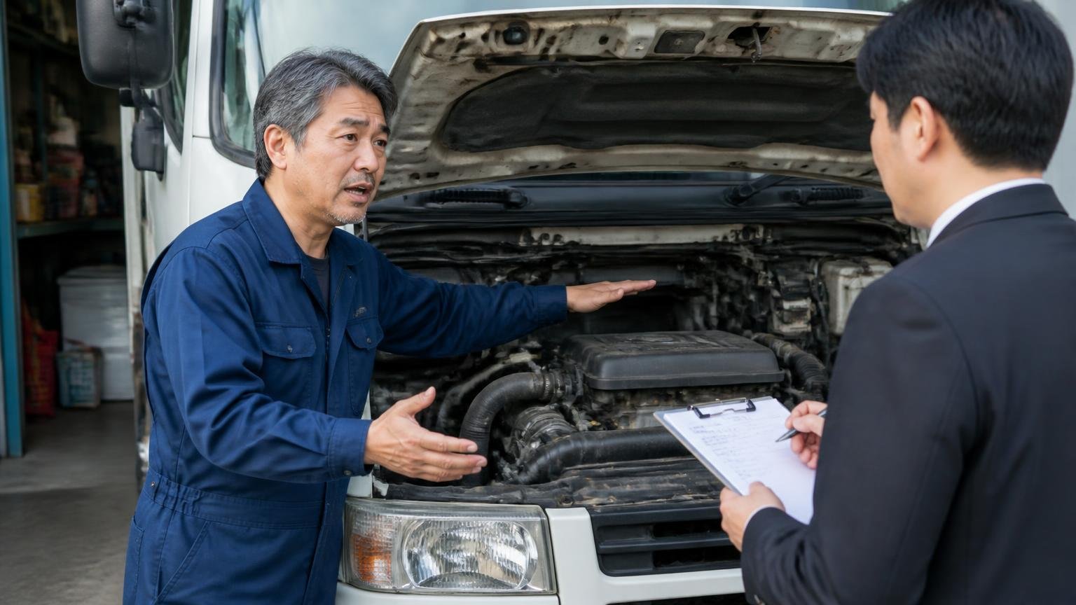 不具合や修復歴は正直に伝える、車庫でトラックのボンネットを開けて査定員にエンジンの不調を身ぶりで説明する50代男性