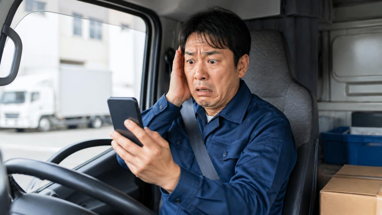 「営業電話がしつこいのは嫌」は申し込むときの一言で防げる｜トラックの運転席で鳴るスマホに困った顔をするドライバー1人