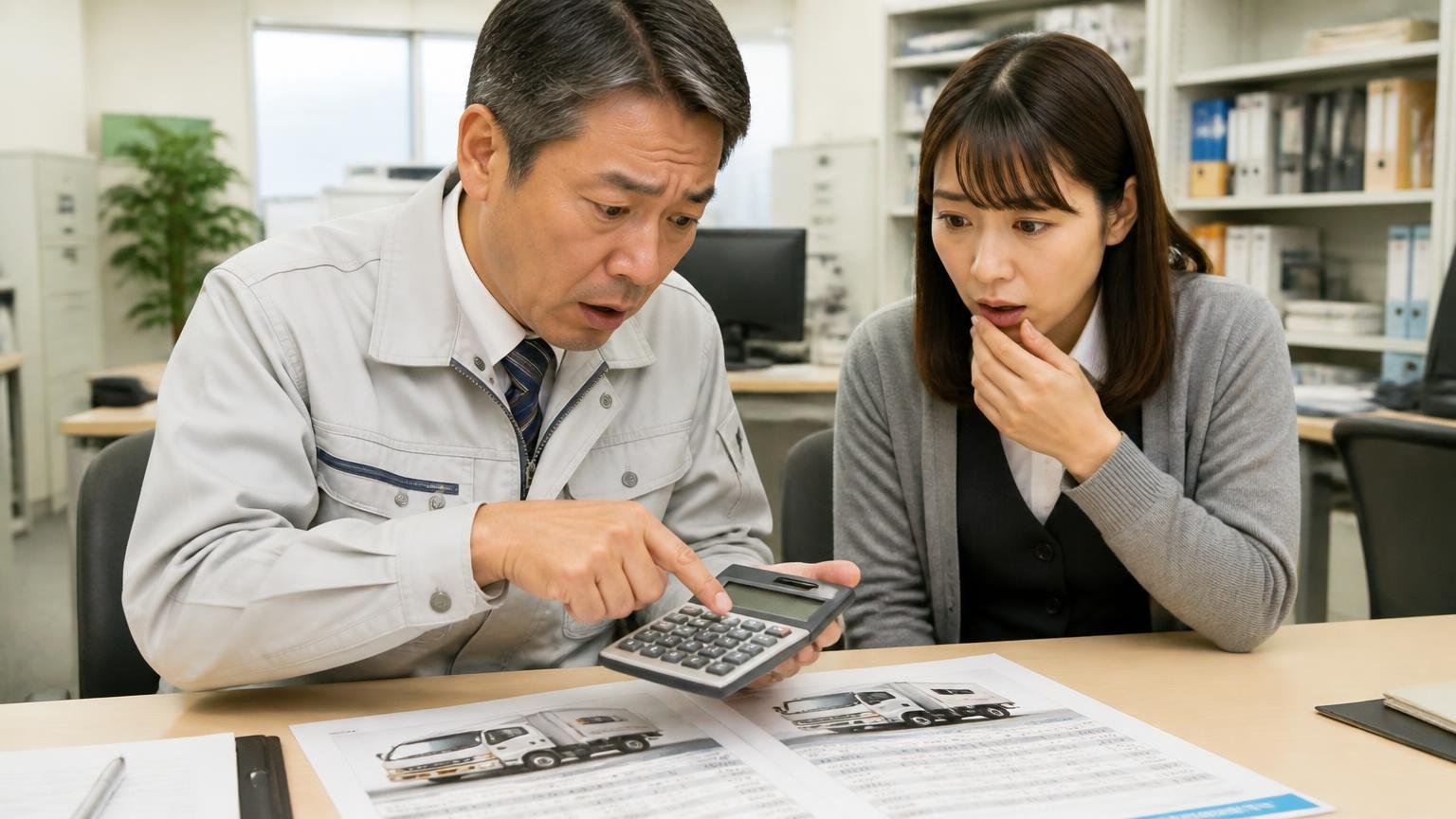 自動車税・自賠責・リサイクル料金の扱いを見積書で確認する 事務所の机でトラックの見積書に電卓を当てて確かめる男性経営者と女性事務員