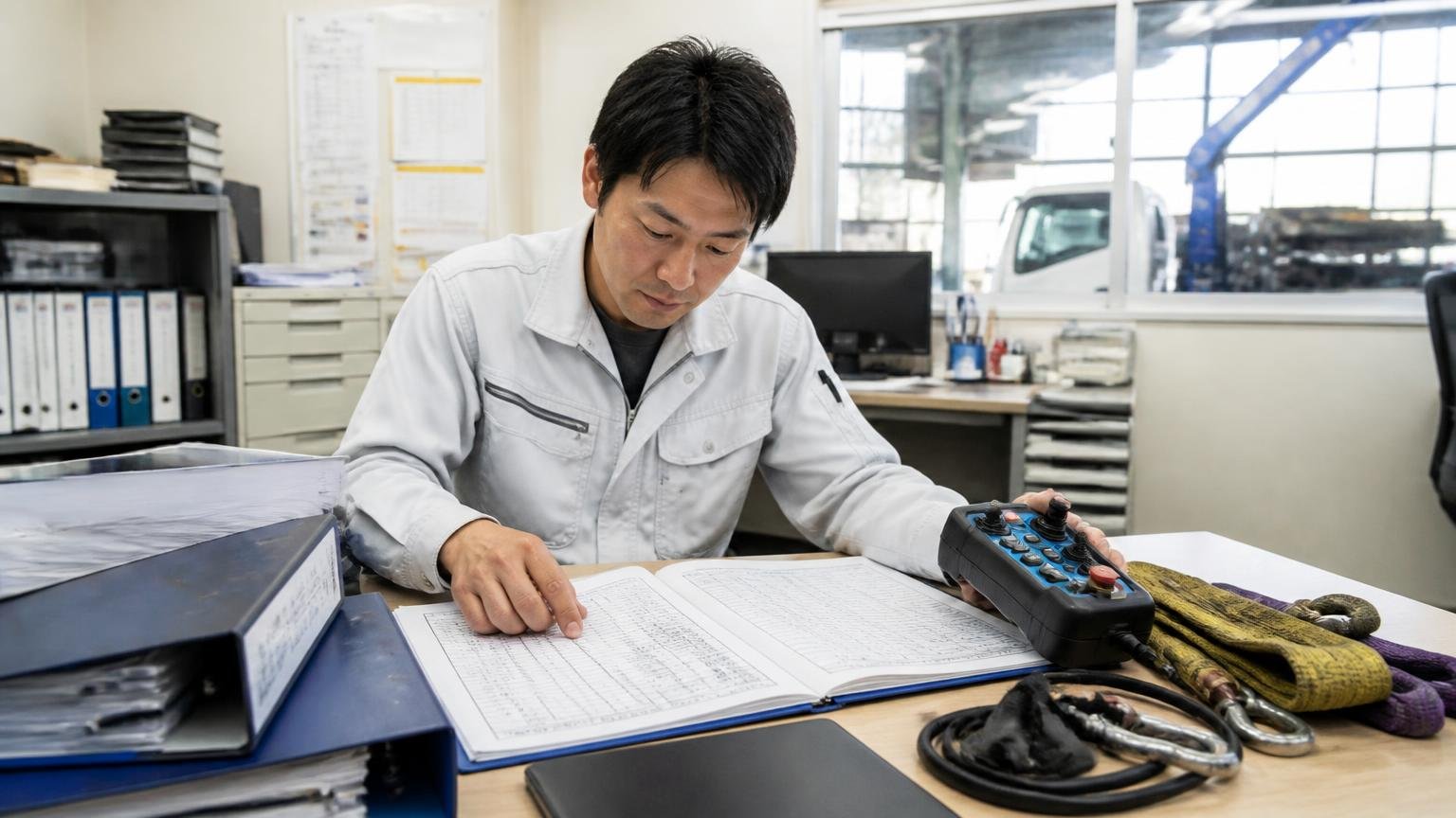 クレーンやダンプなど架装の記録と付属品をそろえる 整備工場の事務所でクレーン付きトラックの点検記録簿とリモコンを机に並べる男性