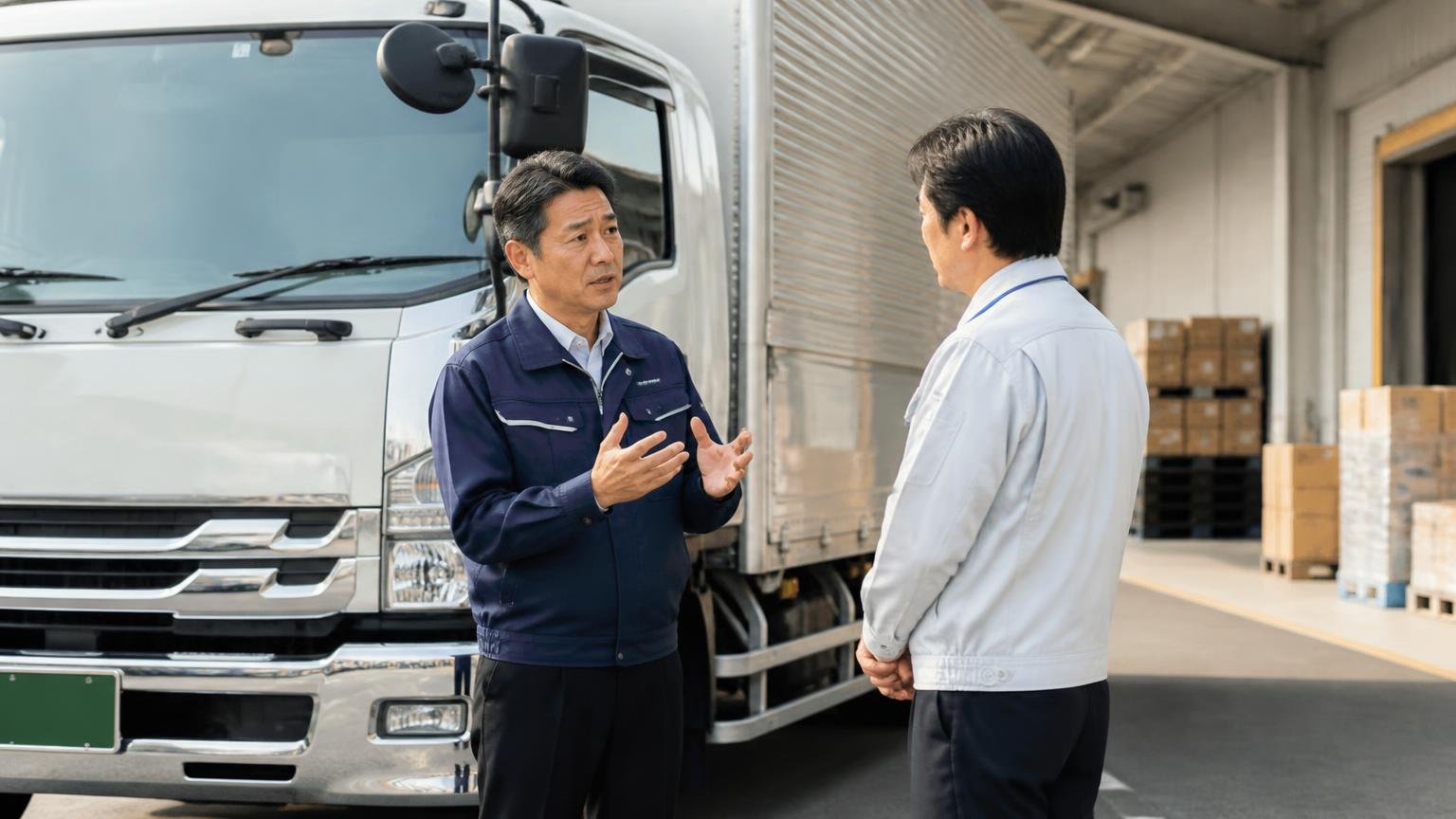 愛知県の要綱は流入車も対象だが運行禁止の条例ではない 物流倉庫の荷受け場でトラックの前に立ち荷主の担当者と話し込む運送会社の社長