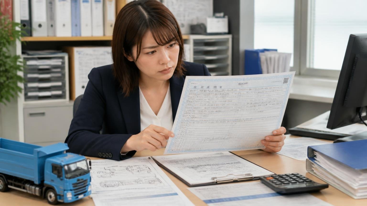 名義変更の完了時期と自動車税・自賠責・リサイクル料金の扱いを確かめる(事務所の机にトラックの車検証と書類を広げて確認する30代女性1人)