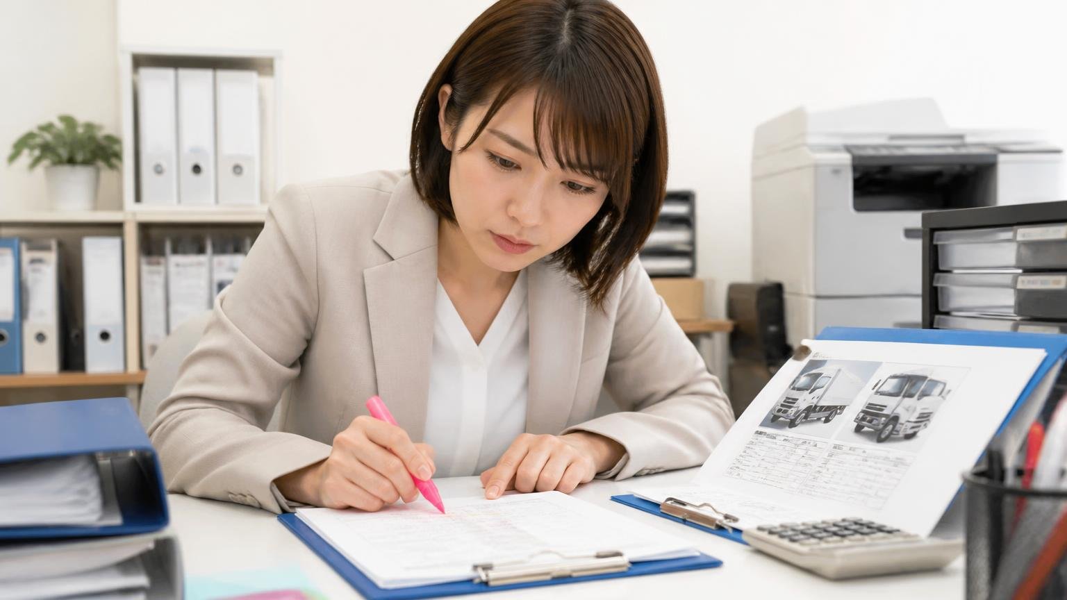 無料の範囲と減額の条件は書面で確認|事務所の机でトラック買取の見積書に蛍光ペンで印をつける事務担当の女性1人