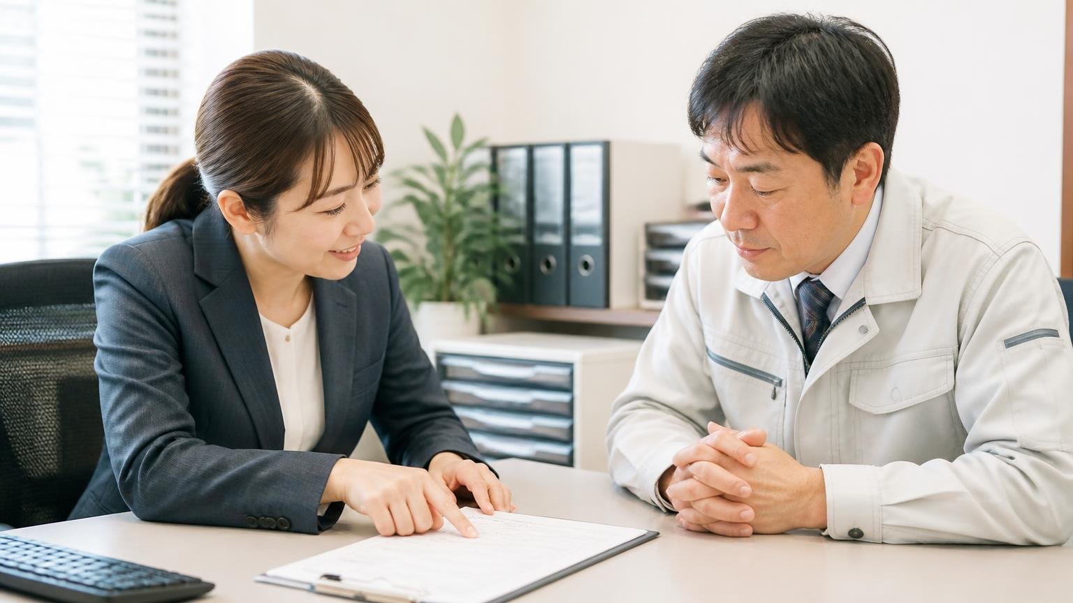 名義変更の期限と完了の連絡を約束してもらう 事務所で契約書の名義変更の欄を指さして確認する女性事務員と買取業者の男性