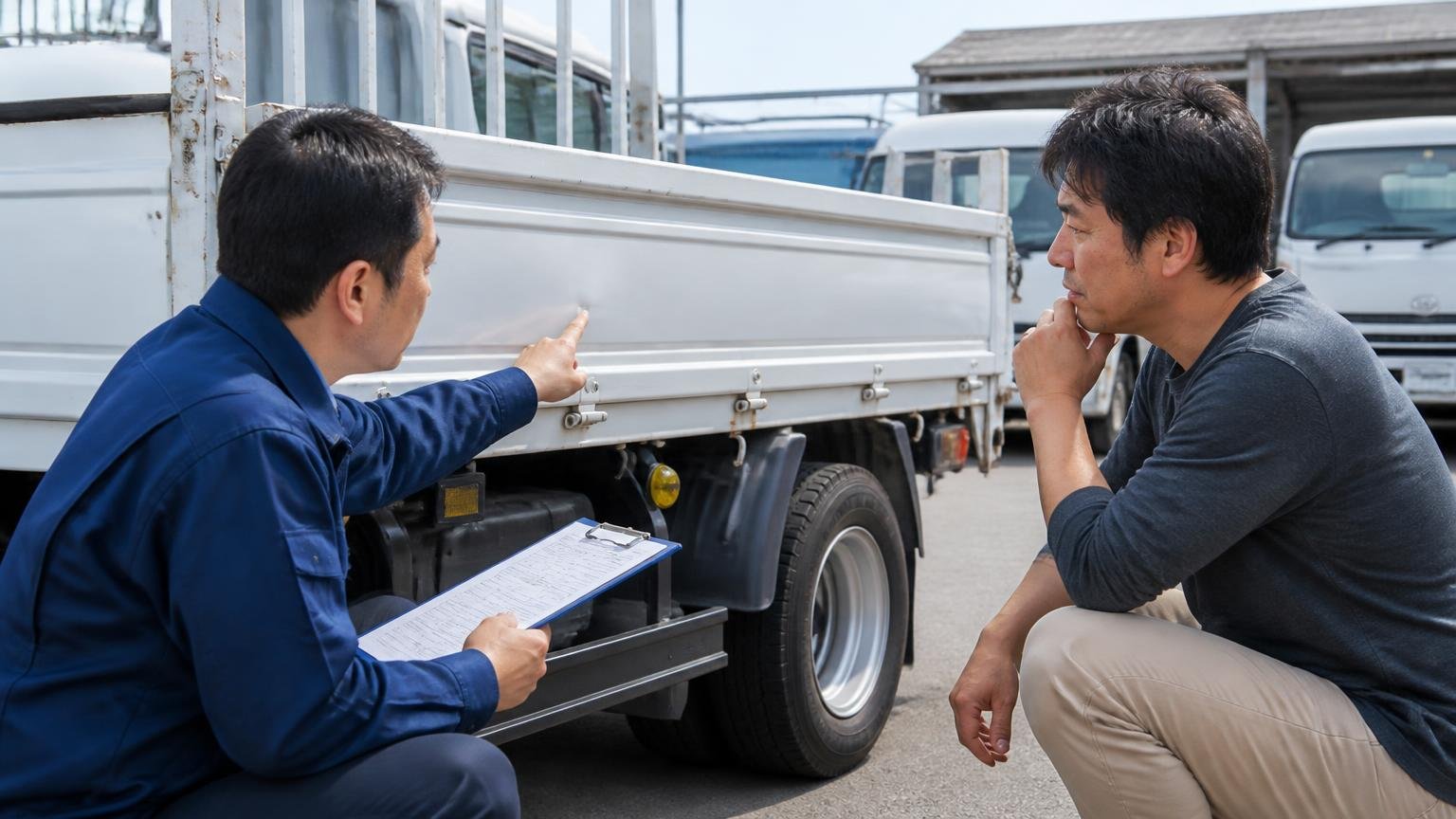 知っている不具合を先に伝える、トラックの荷台まわりを確認する屋外で査定員と持ち主の男性2人が傷を指さし話し込む