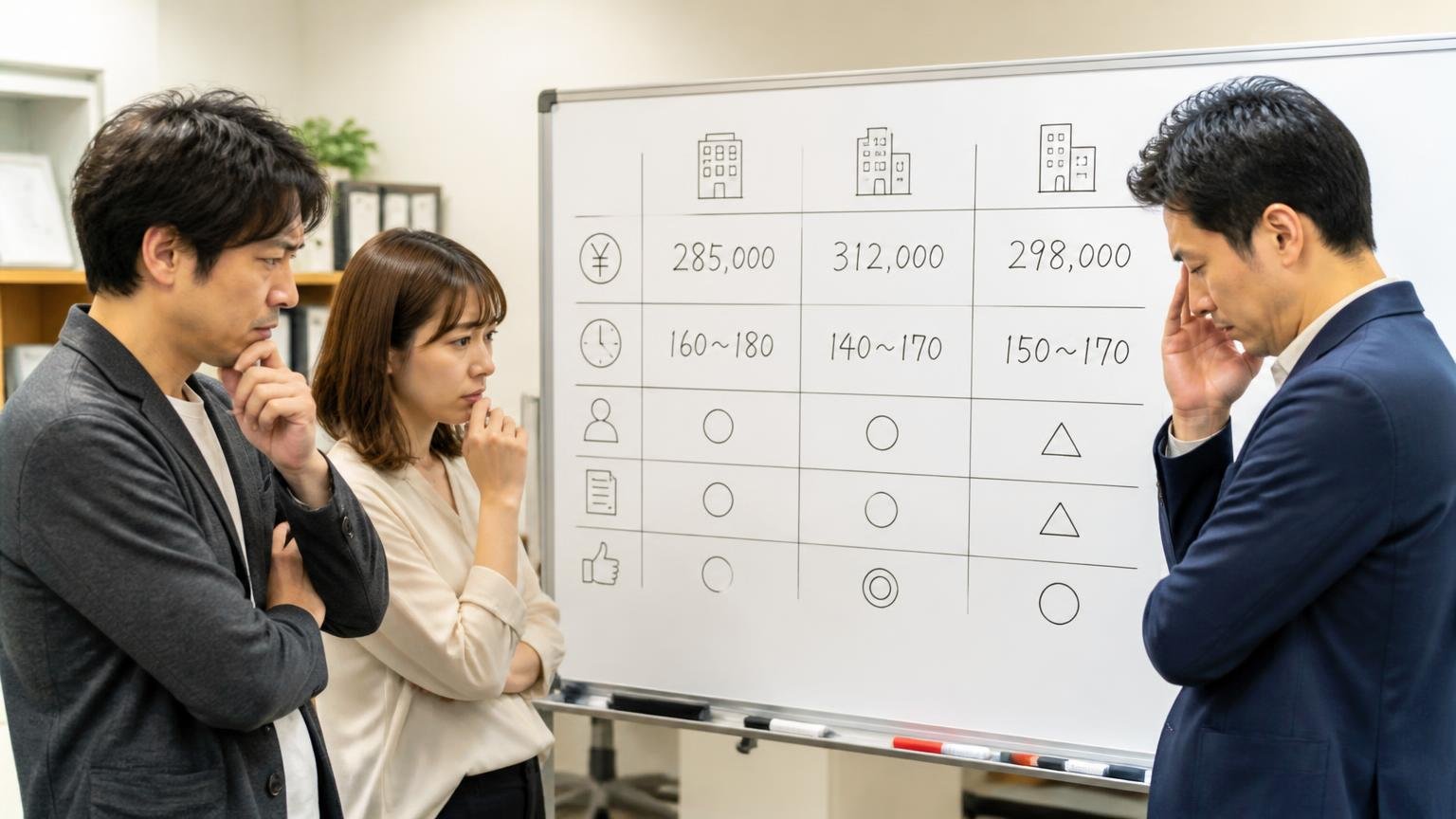 同じ週に2〜3社へ依頼し、手取り額と条件で比べる、事務所のホワイトボードに金額を書き出して悩む男女3人