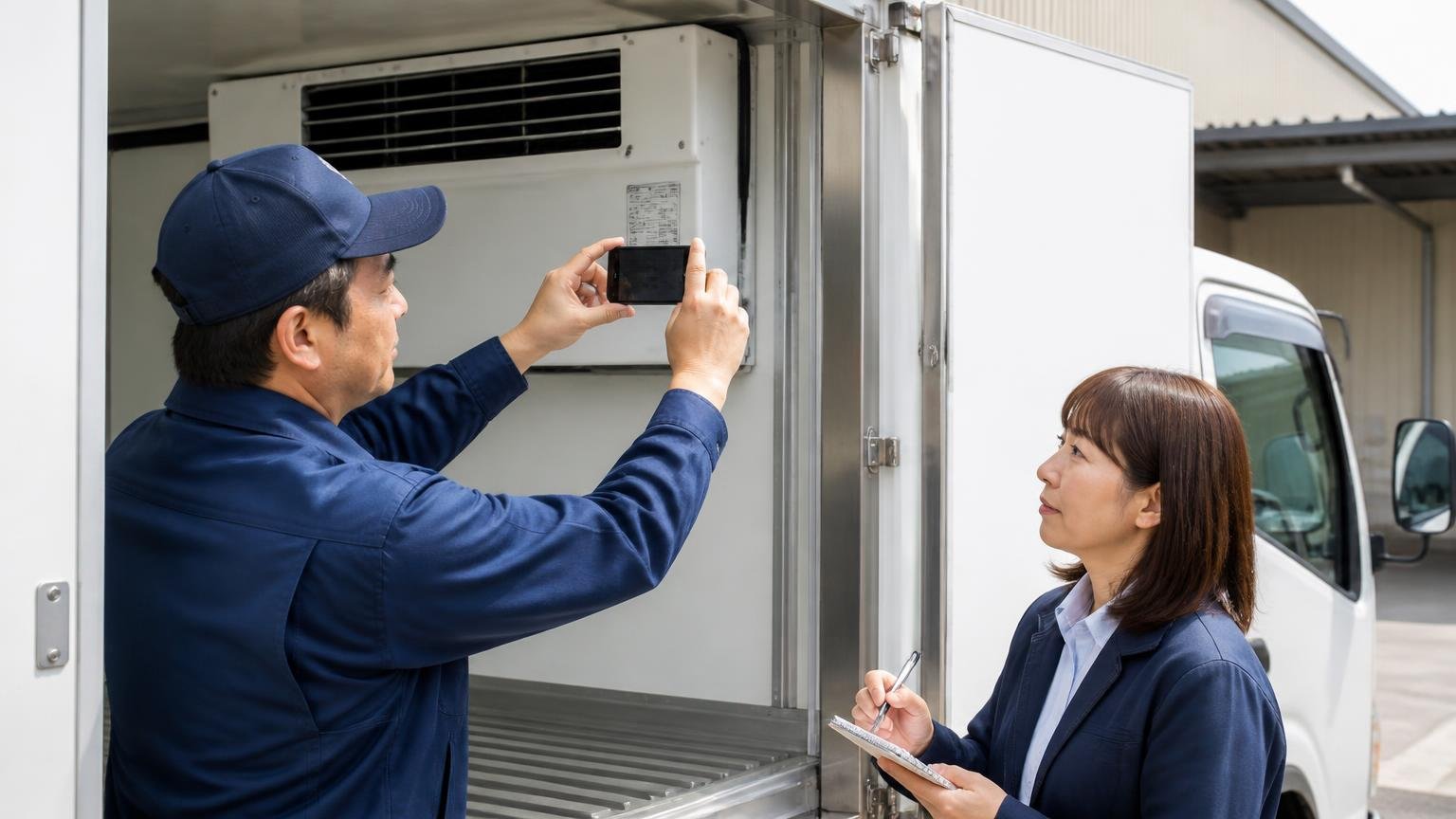 架装の情報を伝える|冷凍車の荷台扉を開けて冷凍機の銘板をスマホで撮影する運送会社の男性ドライバーと横でメモを取る事務員