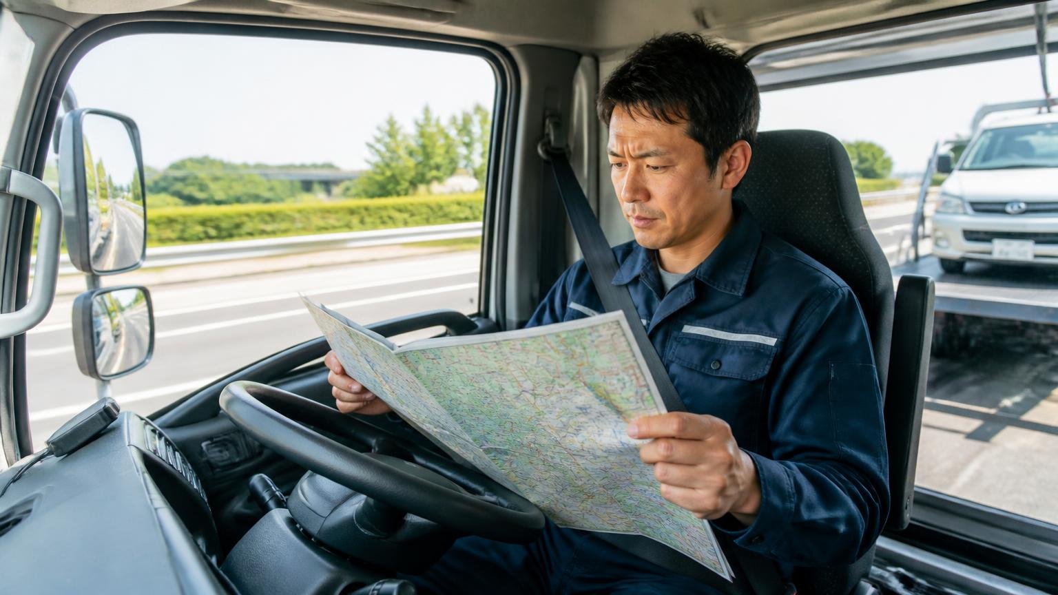 遠方からの相談にも対応した記録 高速道路を走る積載車の運転席で地図を確認するドライバー1人