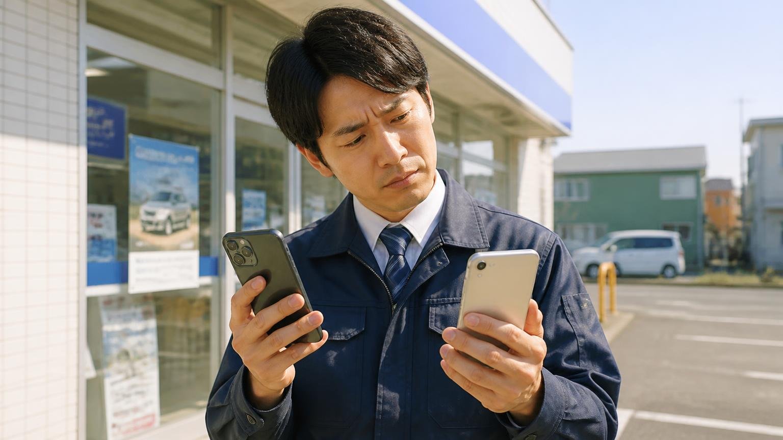 店舗によって運用が違う話。屋外の営業所前でスマホを見比べる男性1人が首をかしげる