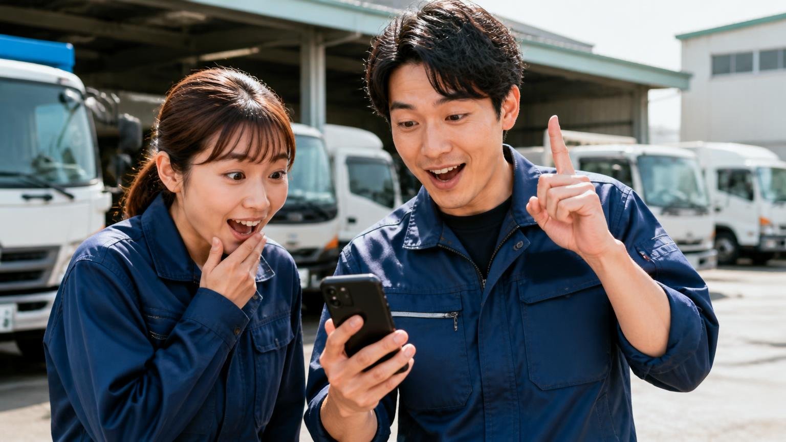 口コミが集まらない理由に気づく場面。営業所の車庫でスマホを手に「そういうことか」と表情が晴れる男女2人