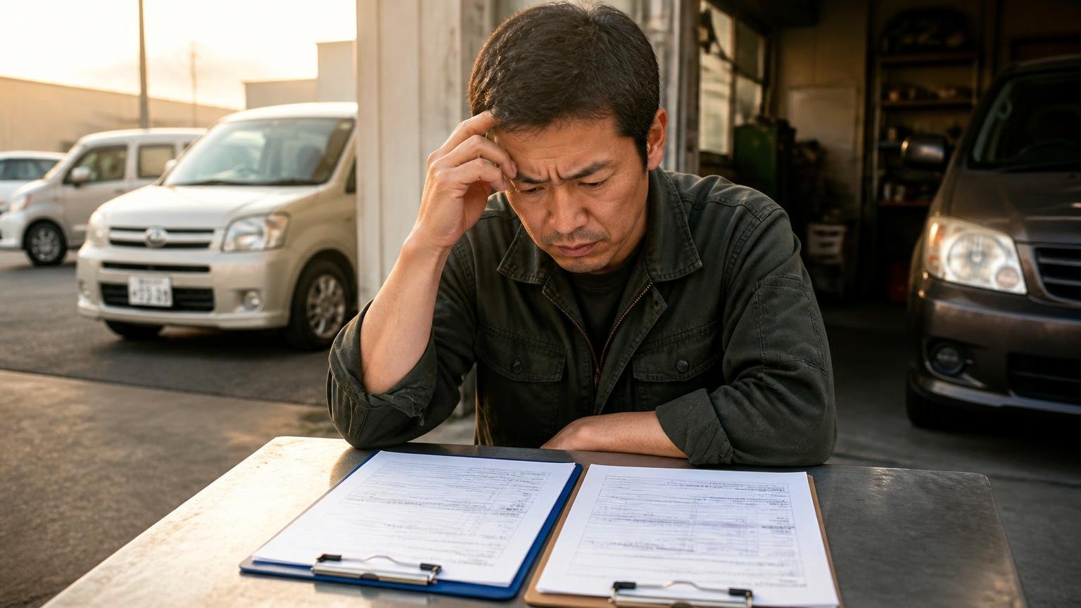 他社にも当たっておいたほうがいいケース、夕方の車庫で2枚の見積書を並べて見比べる男性1人が険しい表情