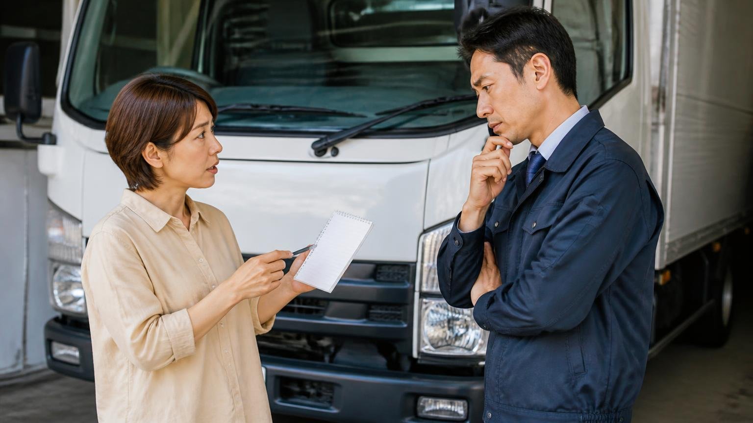 公式サイトに書かれていないことを査定当日に聞く 車庫でトラックの前に立ち査定士にメモを見せながら質問する女性1人と男性1人