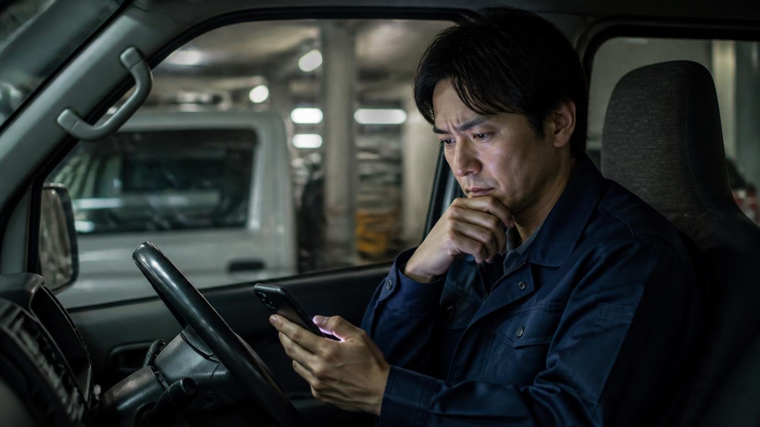 悪い評判が少ないのは良い会社とは限らない 夜の車庫の運転席でスマホを見る男性1人 考え込む