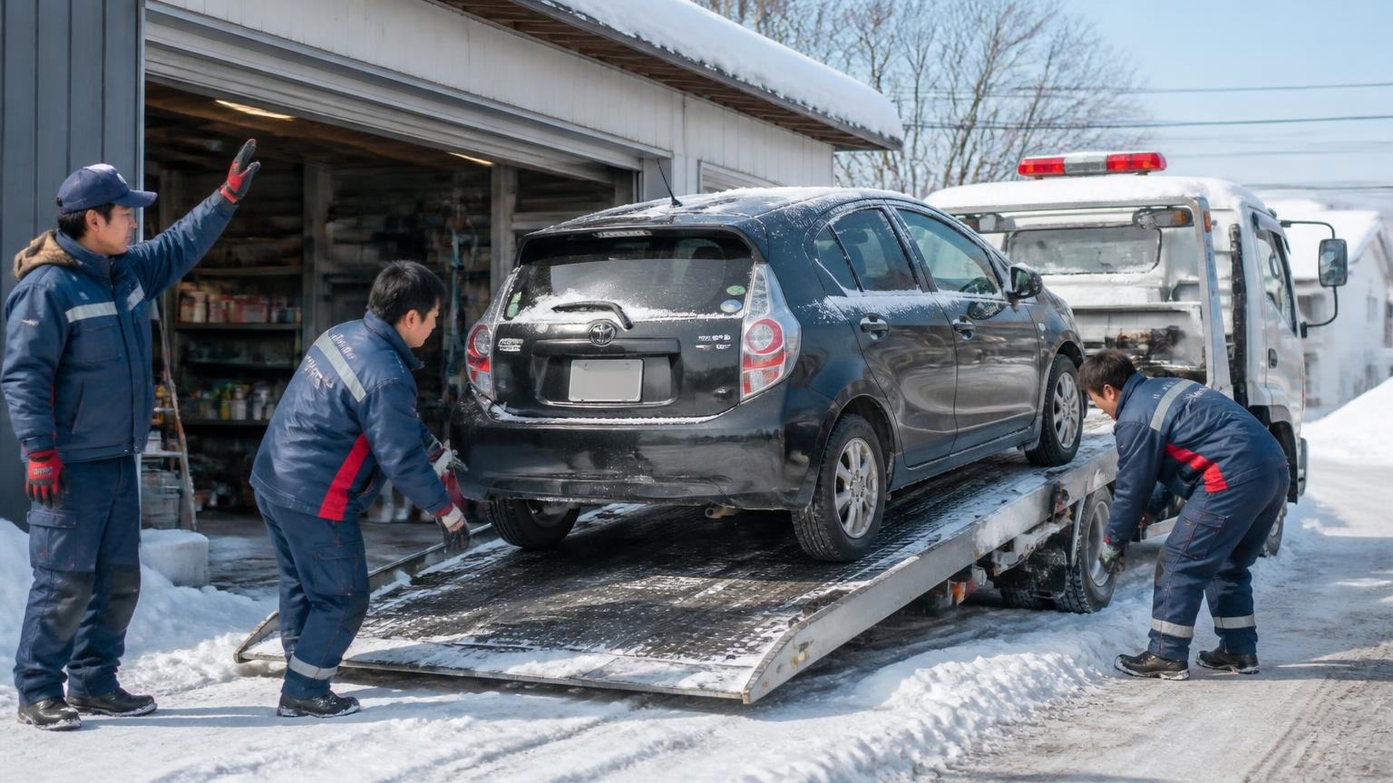 車検整備レッカー保険までまとめて頼める 冬の車庫前でレッカー車に載せられる車両 作業員3人 手際よく作業する