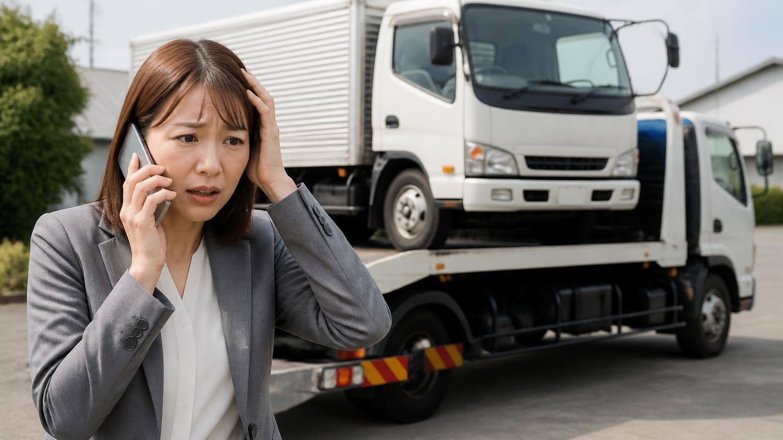 減額やキャンセル料のトラブルは業者名を変えても起きる 積車に載せられるトラックの前でスマホを耳に当てて困った顔をする女性事務員