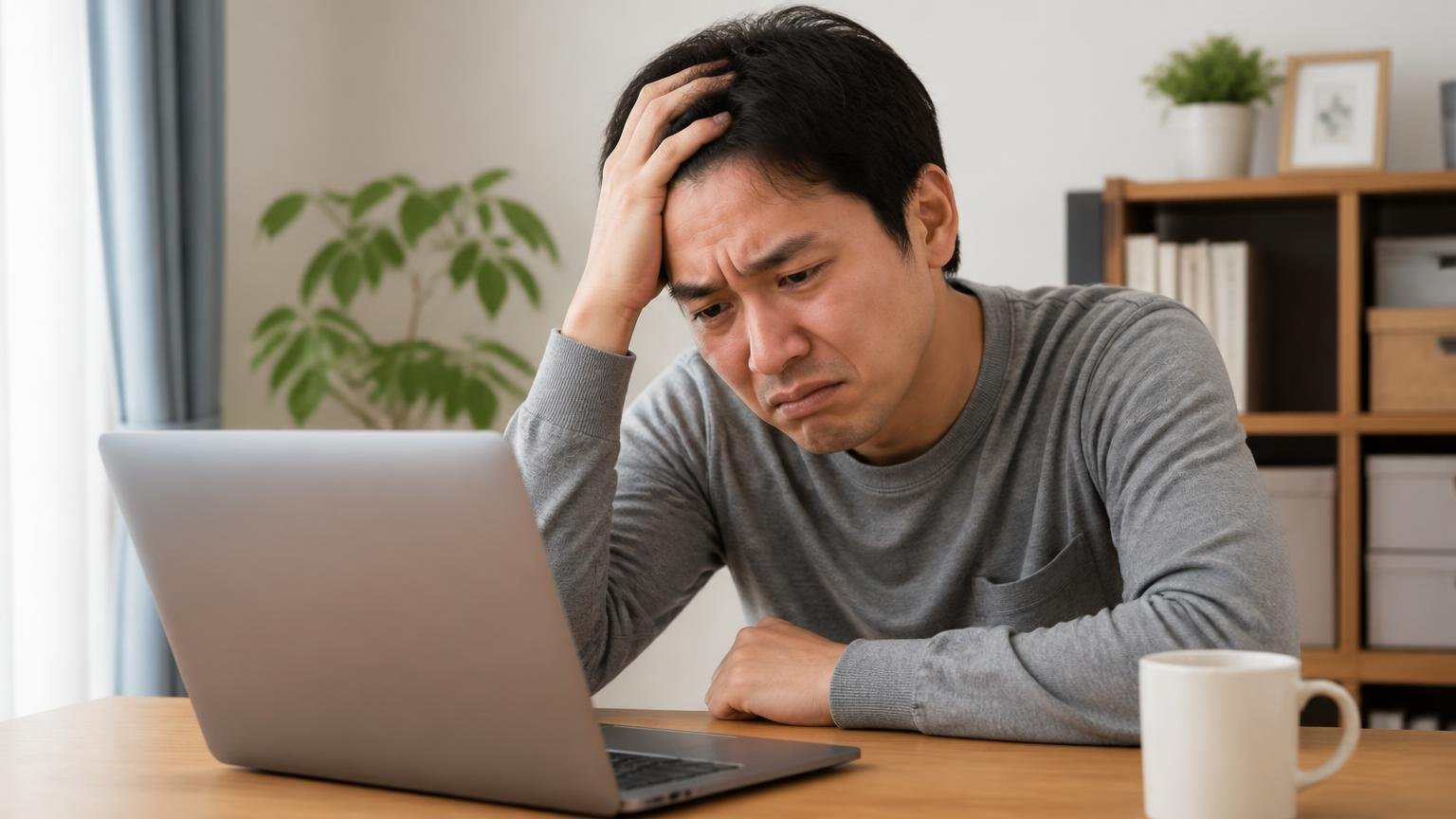 ヤフオク!で「落札後に一方的に取り消された」という声 自宅の机でノートパソコンのオークション画面を見て肩を落とす男性1人