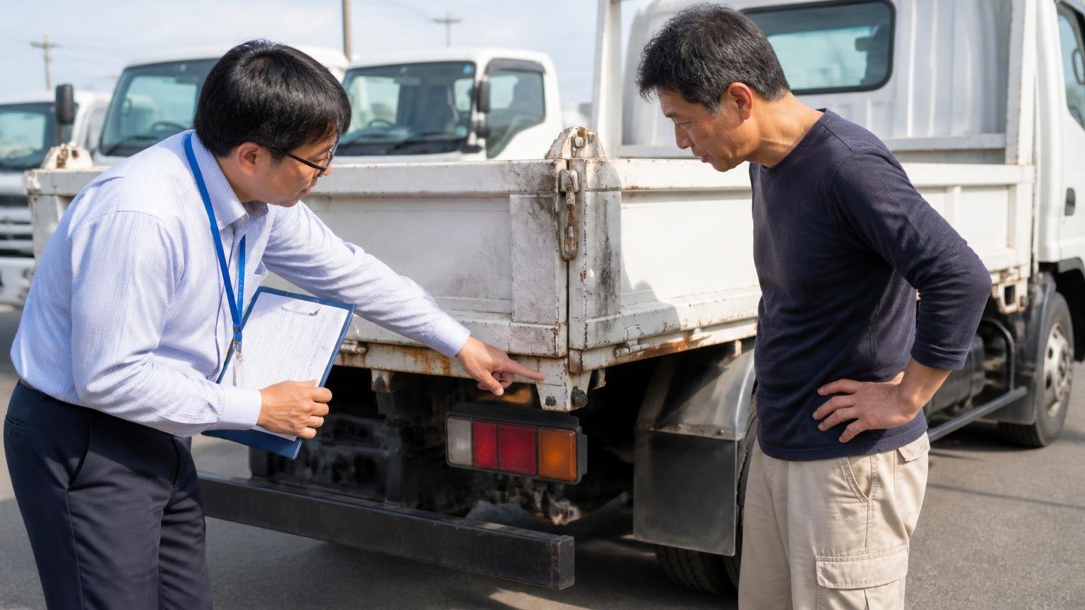 公式の買取は4ステップ、概算の連絡まで3営業日が目安、トラックの荷台まわりを確認する屋外、査定士とオーナーの2人、指さし確認する