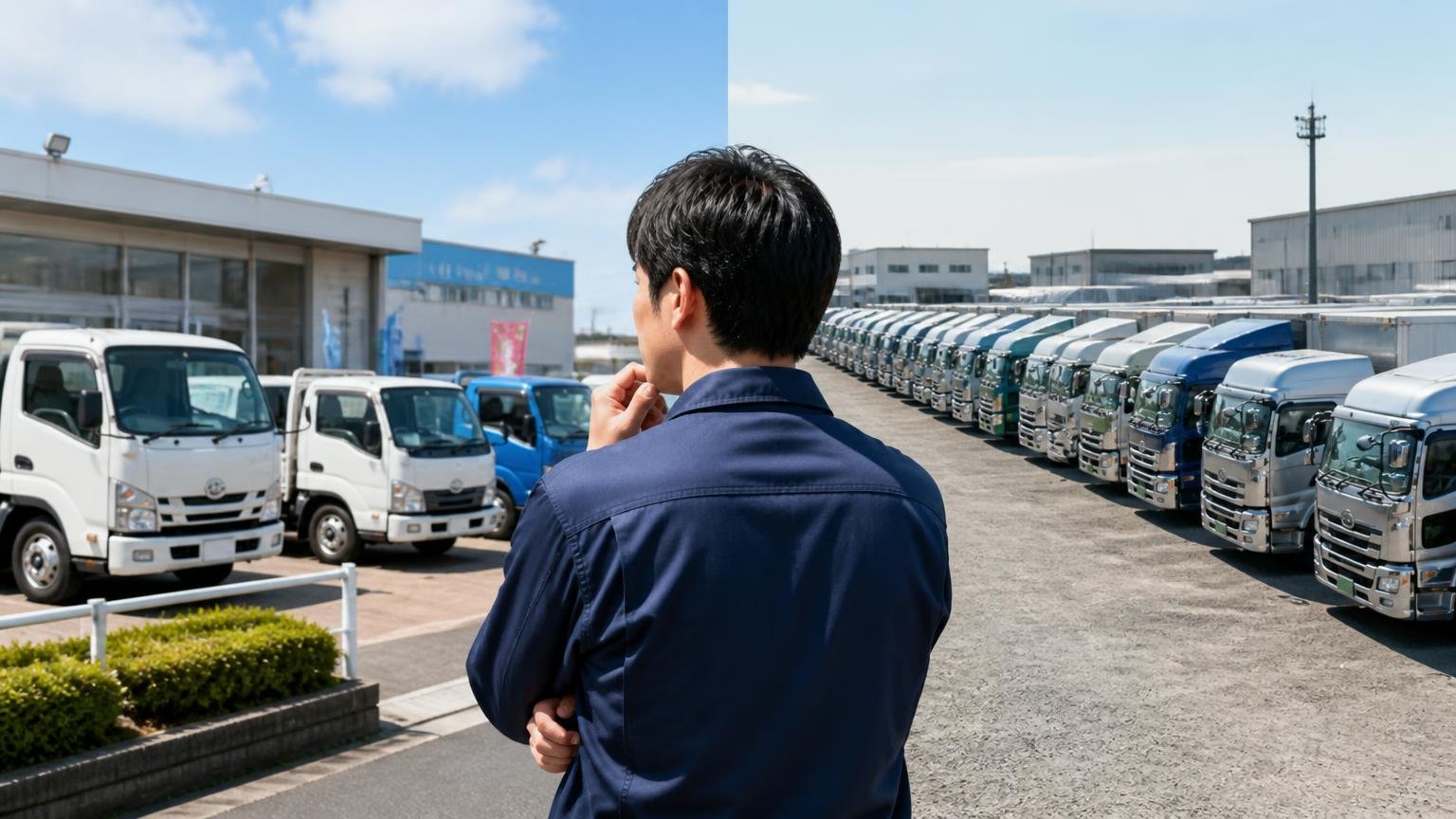 地元の販売店と全国対応の買取業者では、強みが出るトラックが違う、地方の展示場と大型トラックが並ぶ広い買取ヤードを見比べる男性、考え込む表情