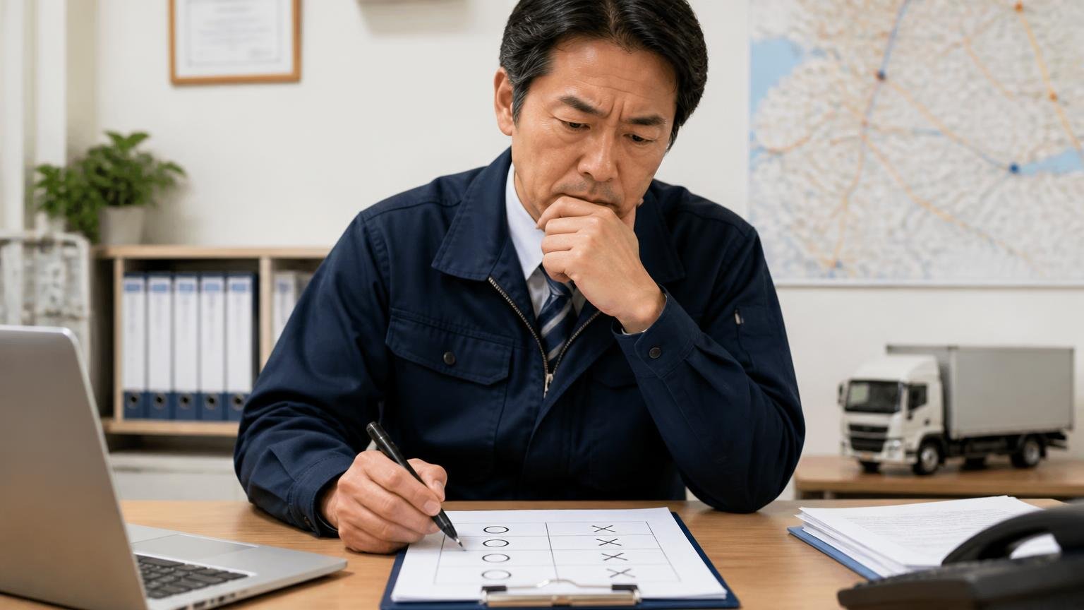 公開情報で「言えること」と「言えないこと」 事務所のデスクでチェックリストに丸とバツを書き込みながら考え込む40代の運送会社社長
