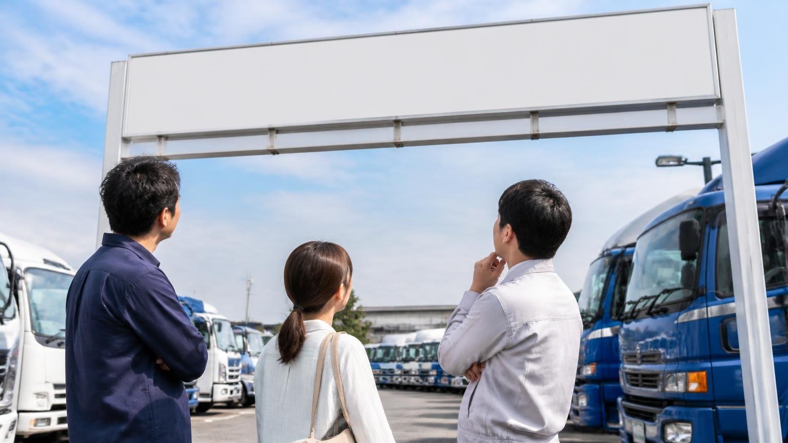 トラック市の加盟審査を通っている。トラックが並ぶ展示場の入口で加盟店の看板を見上げる男女3人