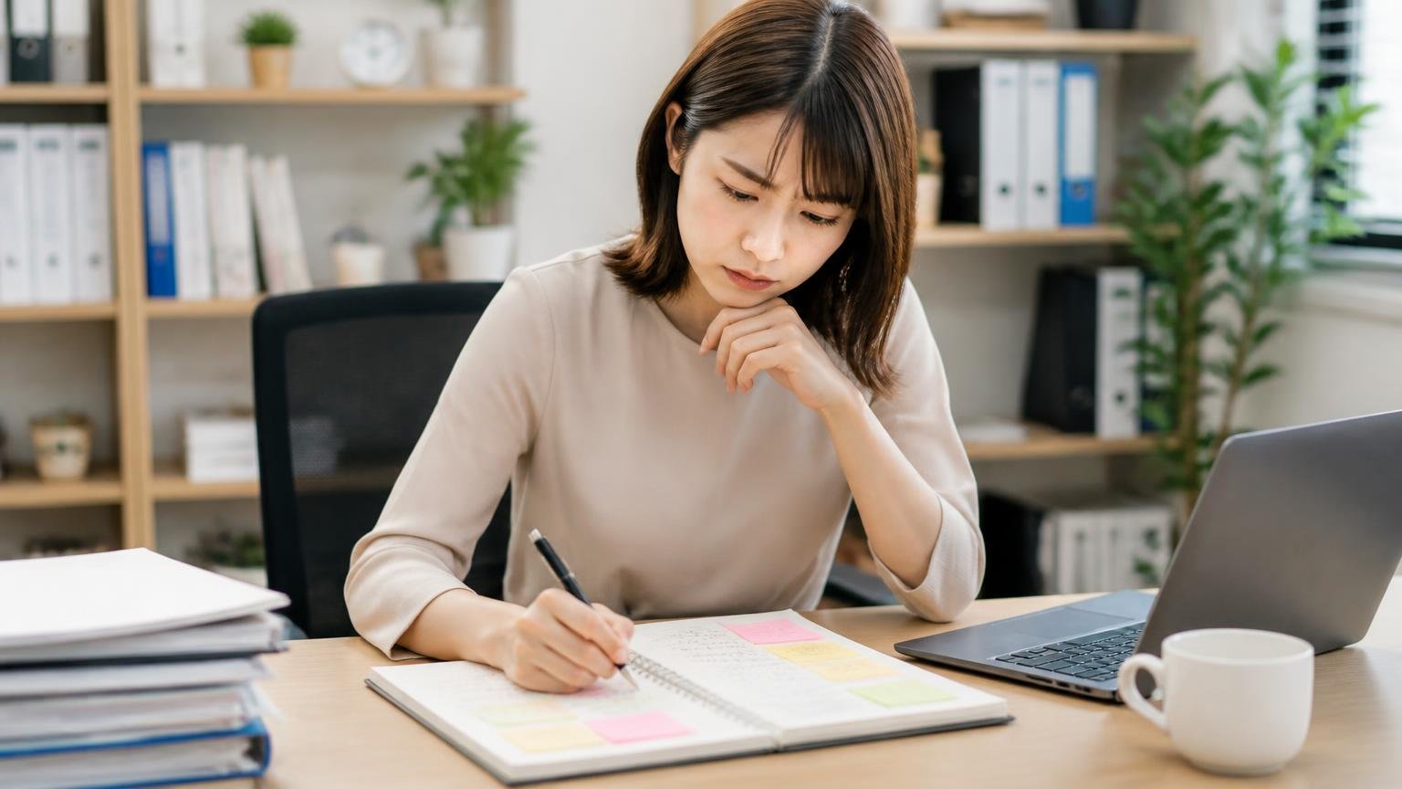 悪い評判を読むときの3つのものさし。事務所の机でノートに口コミを書き出して整理する女性1人が真剣な表情