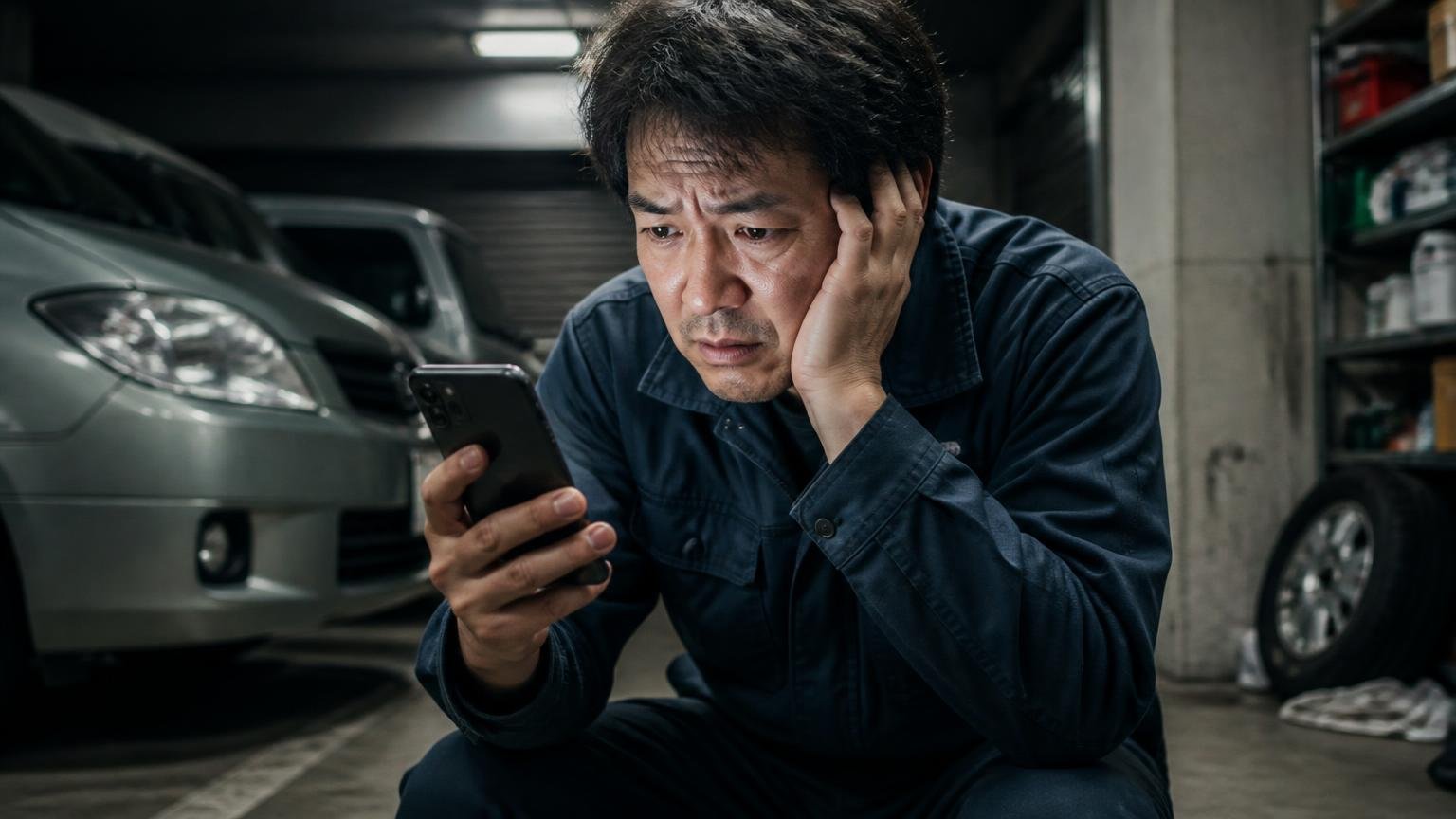 書きかけで途切れた★1の口コミを深夜の車庫でスマホ画面を凝視して固まる男性1人の場面