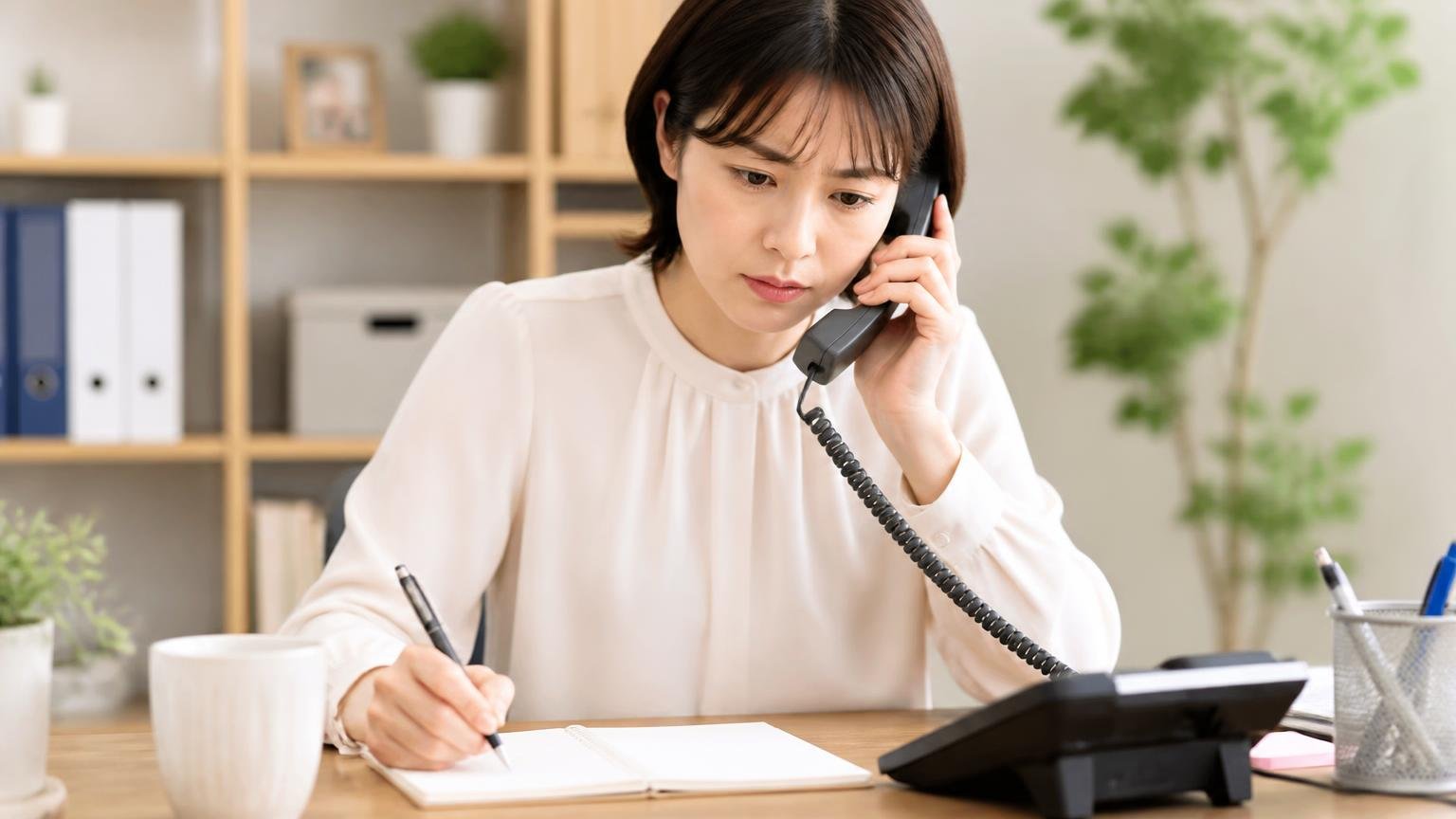 公式サイトに書かれていないこと。申し込み前に電話で聞く5項目をメモしながら受話器を持つ30代女性が真剣な表情の場面