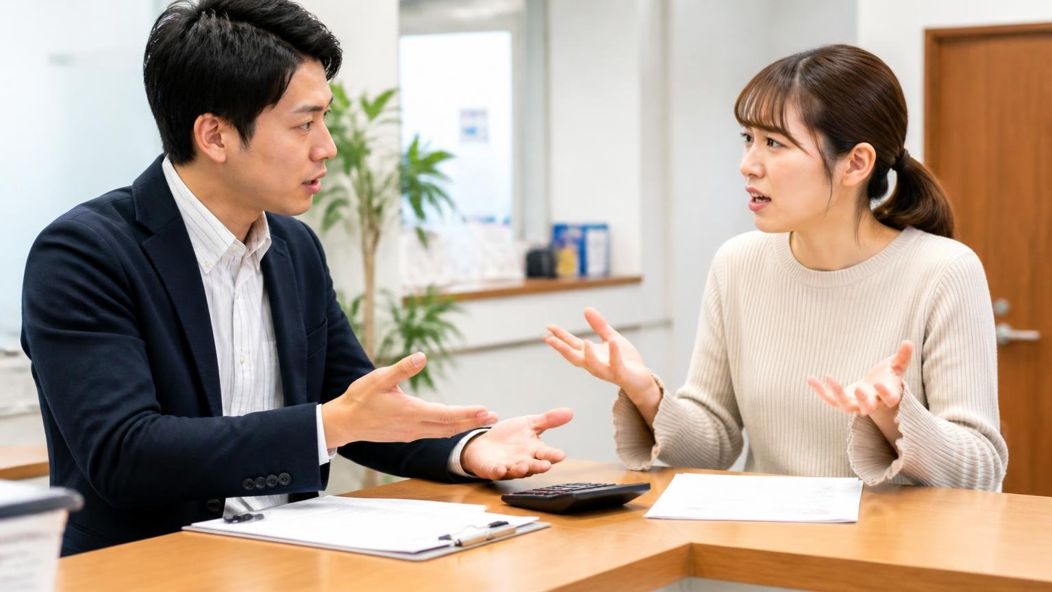 支払い方法への不満は売る側には関係しない 事務所のカウンターで書類と電卓を前に話し合う男女2人