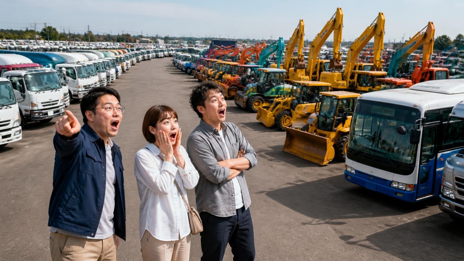 ヤードを見た人の声:トラック・重機・バスまで扱う品揃え 広いヤードに並ぶトラックと重機を見渡して驚く見学者3人