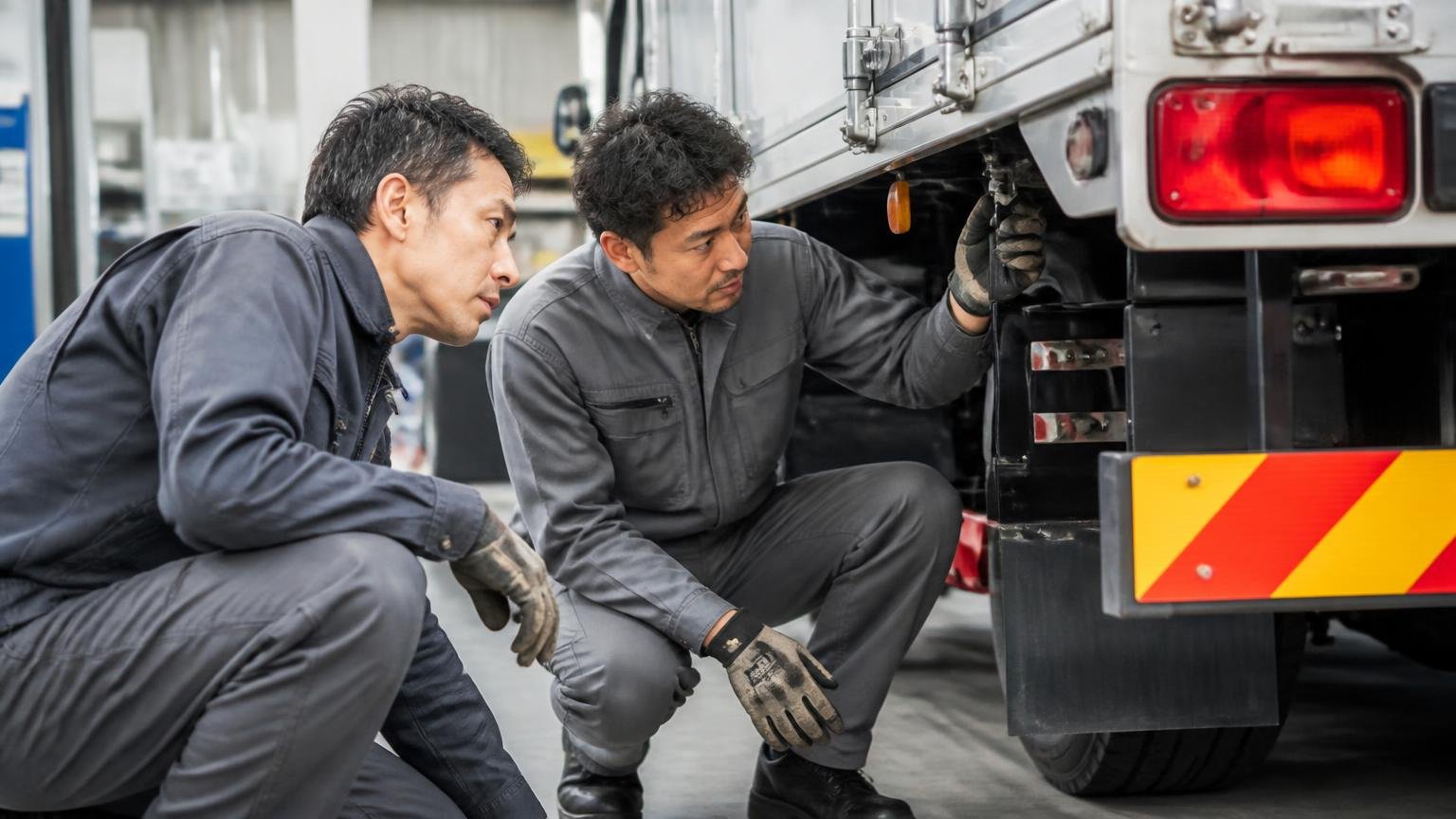 車検と点検は提携工場で仕上げに手をかける販売スタイル／整備工場でトラックの荷台まわりを点検する作業着の2人／かがみこんで真剣に確認