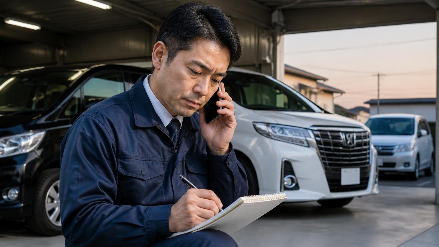 査定の前に聞いておく3つのこと・早朝の車庫で電話をかける男性1人が真剣な表情でメモを取る