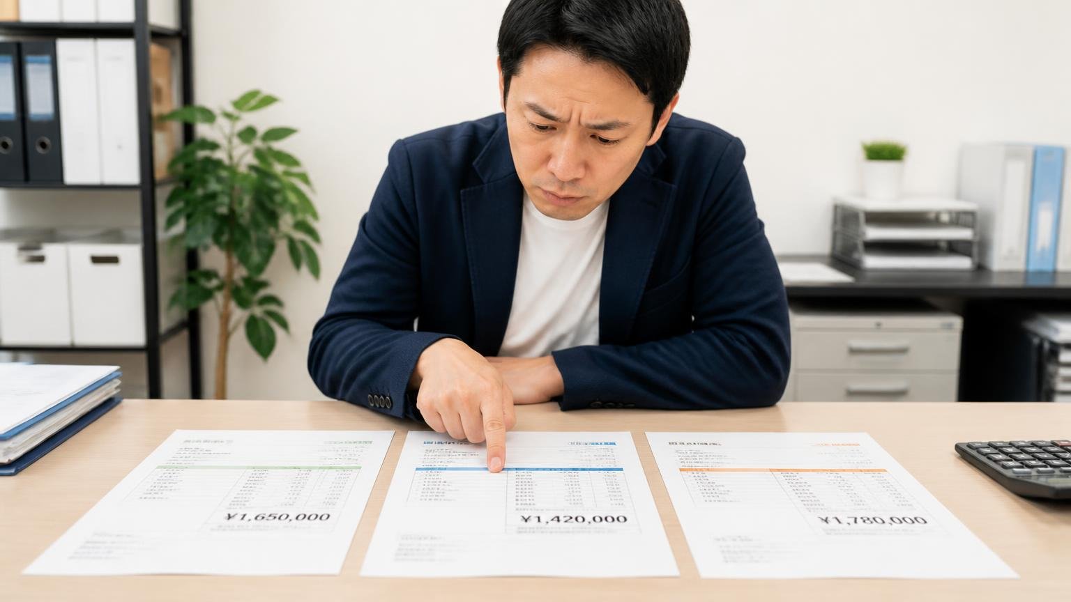 カメイジャパンの金額が妥当か確かめたい人が、比べる相手に選びやすい買取業者3選 事務所の机に見積書を3枚並べ男性1人が指をさして見比べる
