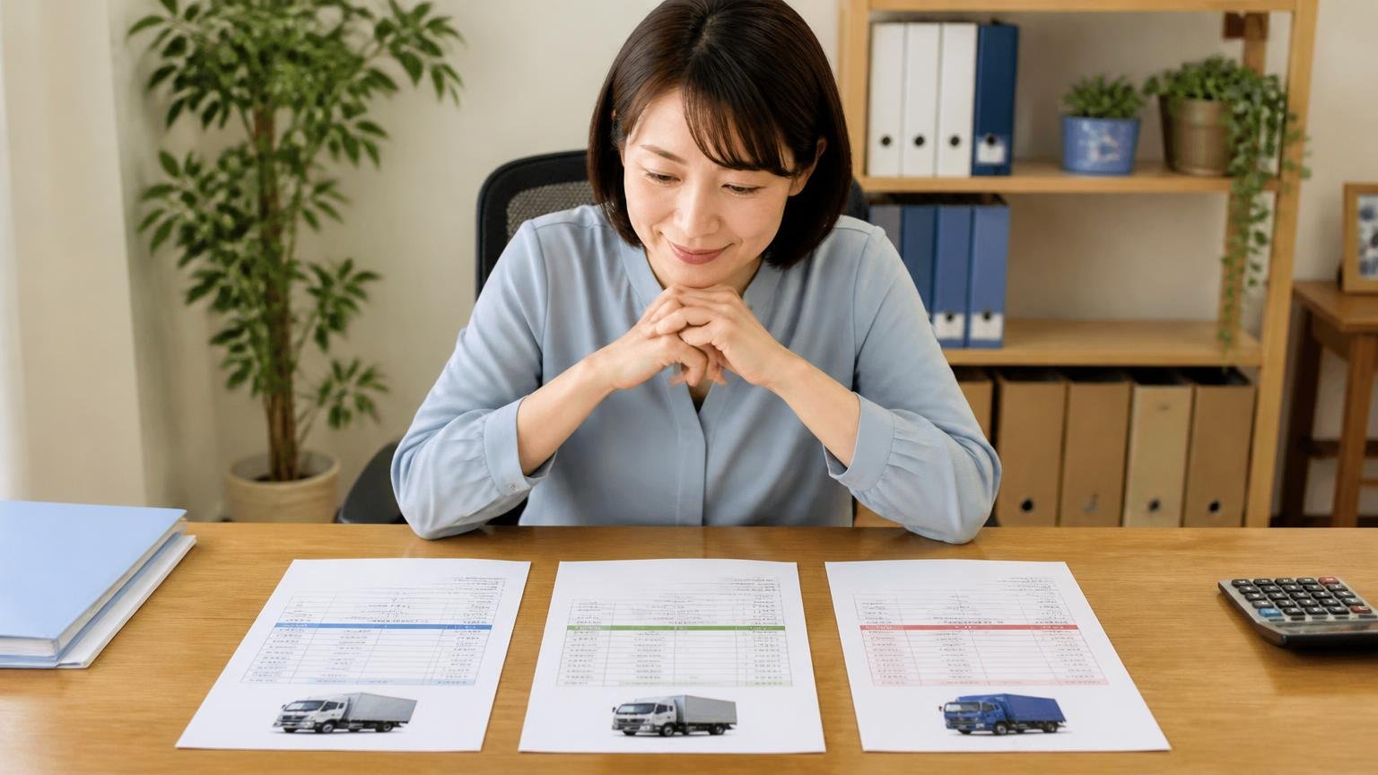滋賀自工の金額が妥当か確かめたい人が、横に並べておきたいトラック買取業者3選 事務所の机に見積書を3枚並べて見比べる女性1人、納得の表情