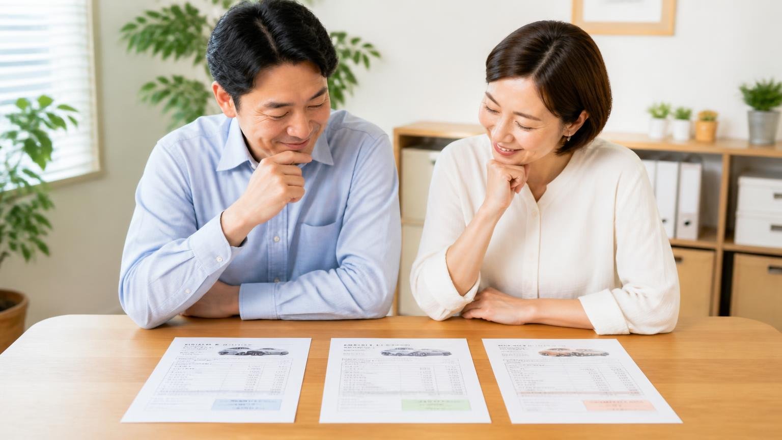 上陽自動車の査定額が妥当か確かめたい人が並べておきたい買取業者3選 事務所の机に見積書を3枚並べて見比べる男女2人、納得してうなずく