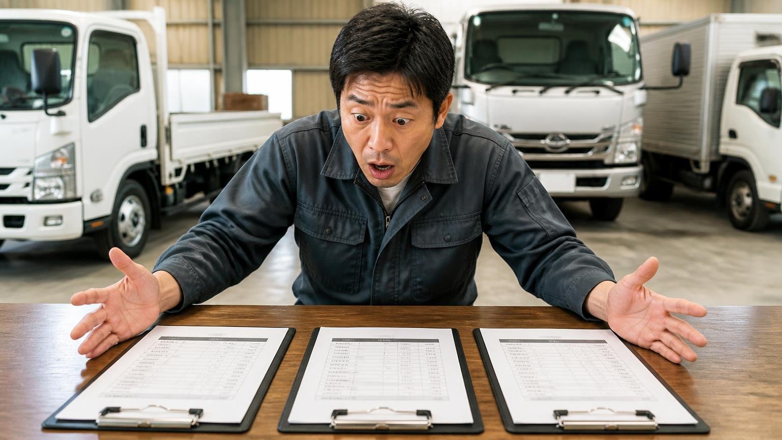 サンユウ・カーの金額を確かめたい人が比べる相手に選ぶトラック買取業者3選 車庫で3枚の見積書を並べて見比べる男性1人、驚きの表情