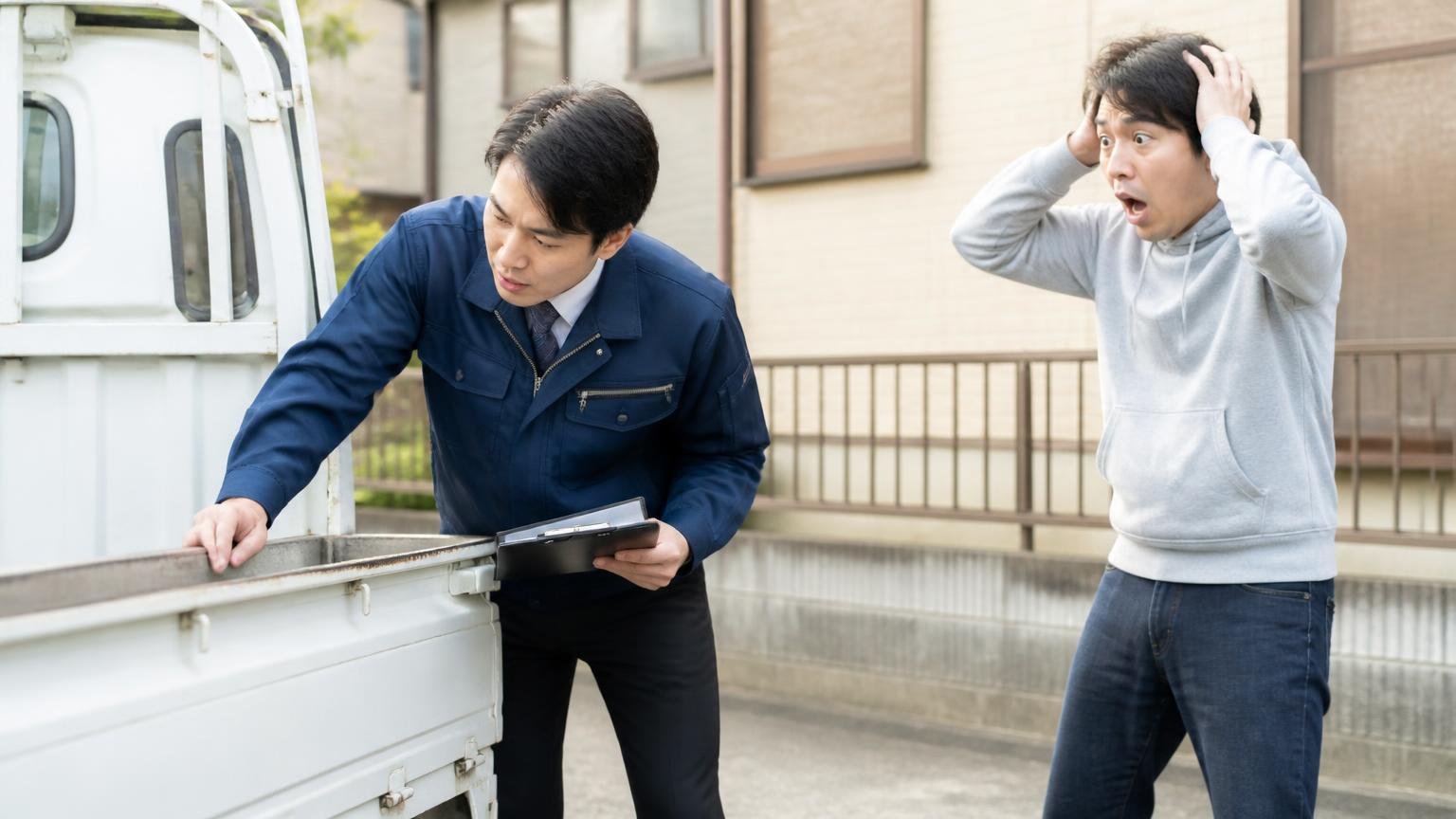 パターン3|電話の概算を信じて減額の条件を確かめない。屋外でトラックの荷台まわりを見る査定員1人と驚いた顔の持ち主1人