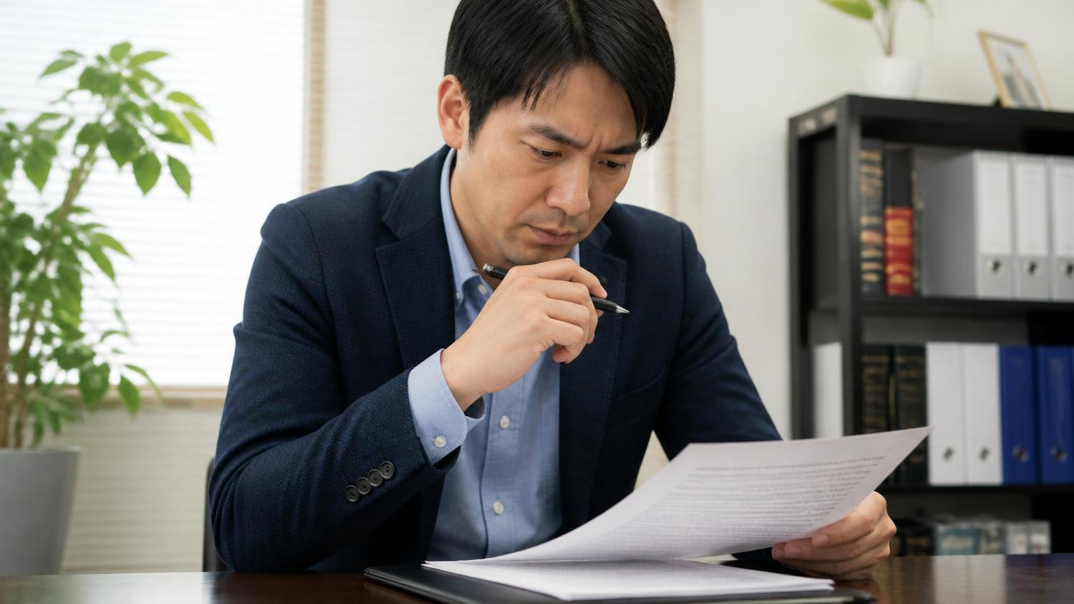 契約の前に、減額・キャンセル・入金日を書面で確かめていない 事務所の机で契約書を前に、男性1人がペンを止めて真剣な顔で読み込む